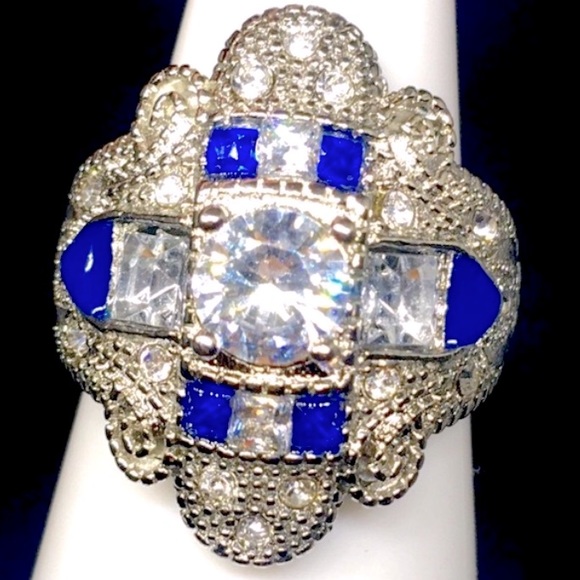 Art Deco Beautiful Vintage Style Blue & White Sapphire Stamped Ring - Picture 2 of 8